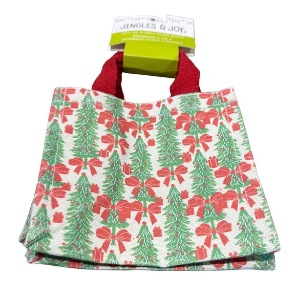 JINGLES & JOY NWT 2pc fabric tote bags -trees/bows -6x6” - Picture 1 of 3